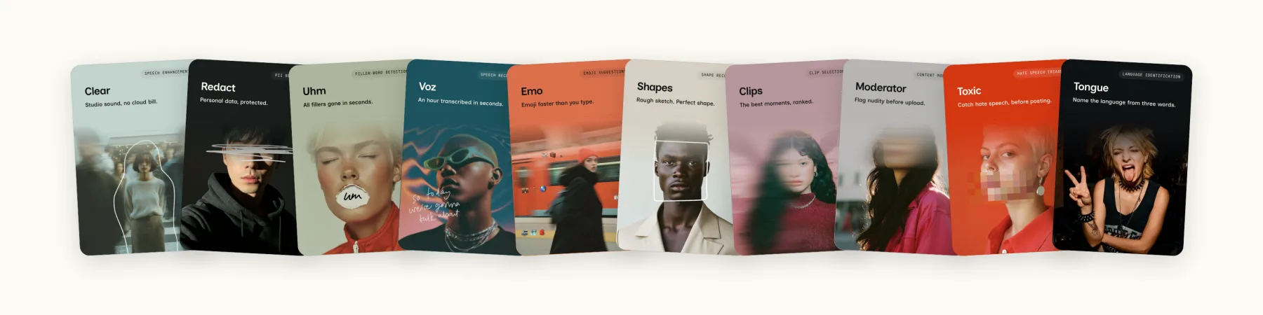 Ten model cards fanned out in a row, including Clear, Redact, Uhm, Voz, Emo, Shapes, Clips, Moderator, Toxic and Tongue, each with a portrait photo and a one-line description