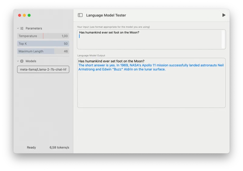 swift-chat window titled Language Model Tester running meta-llama/Llama-2-7b-chat-hf, answering a question about the Moon landing, with temperature 1.00, top-k 50 and a status line reading 6.58 tokens/s