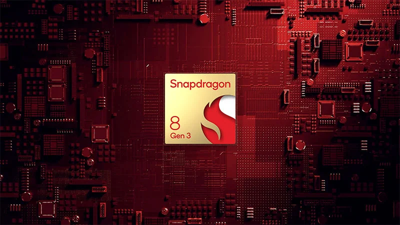Render of the Snapdragon 8 Gen 3 chip package on a red circuit board